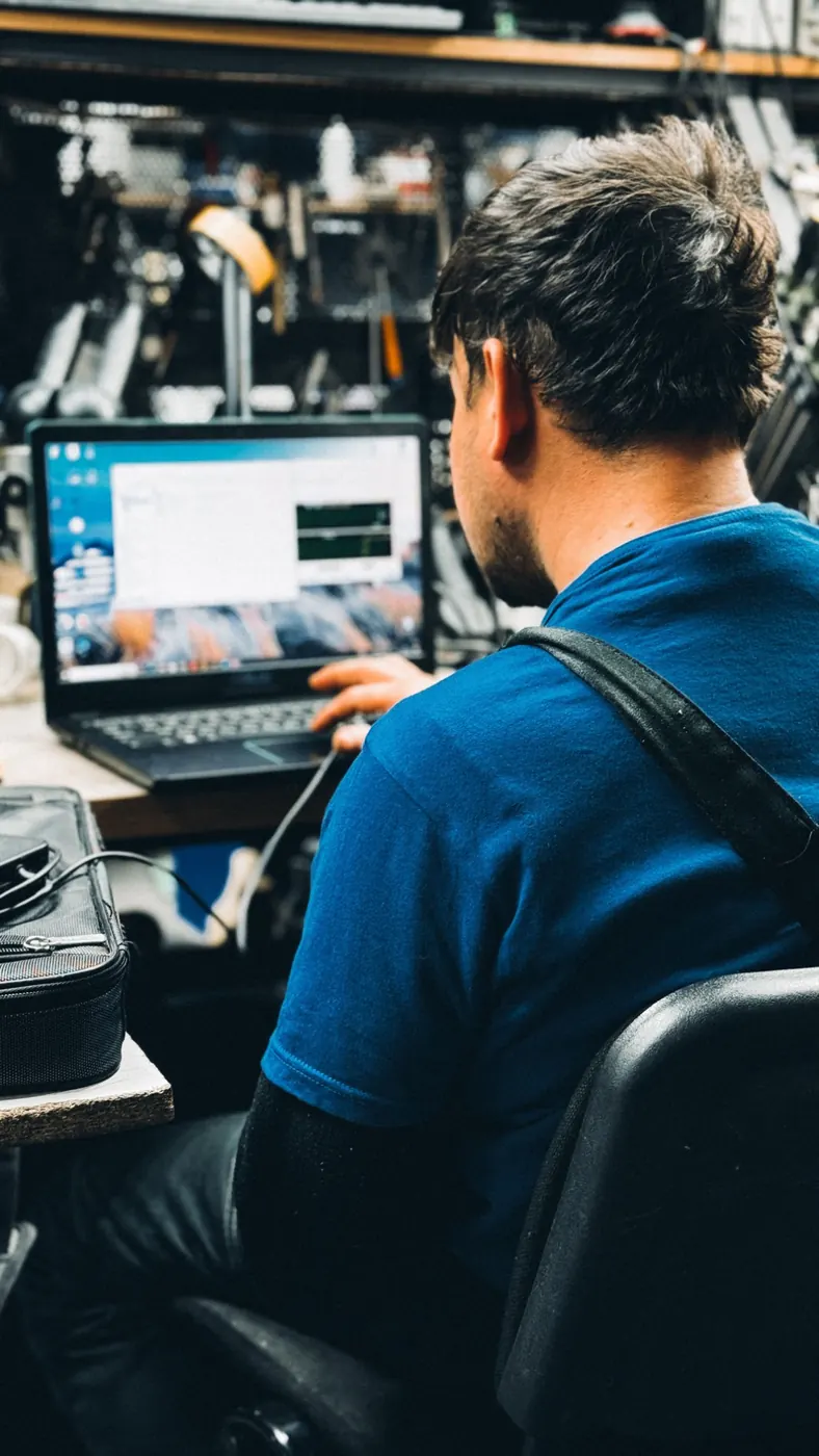 Technician working on a laptop in an engineering workshop.